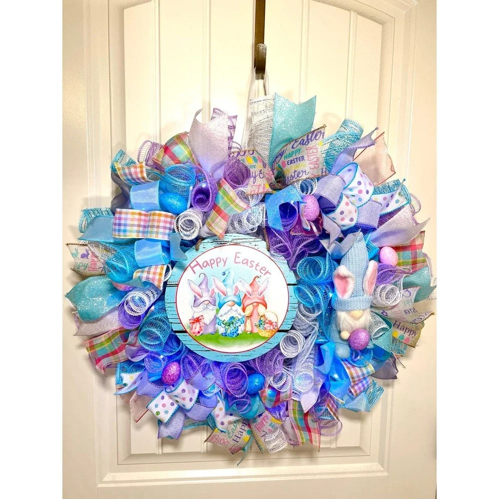 Handmade Easter Bunny Gnome Prelit Ribbon Wreath 22 in LED W9